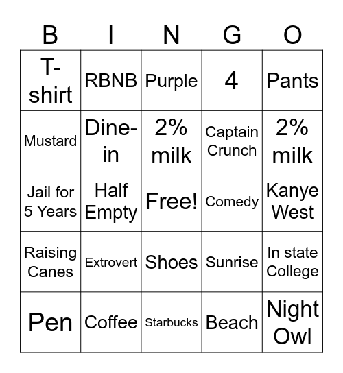 Personality Bingo Card