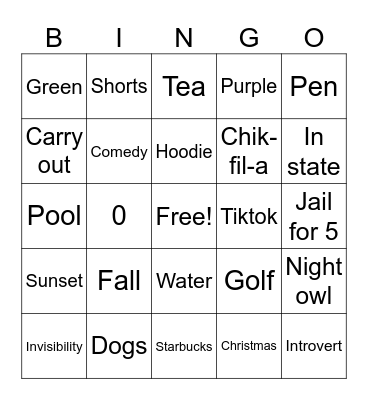 Personality Bingo Card