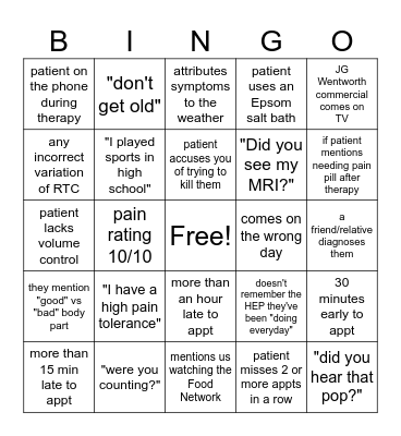 Physical Therapy Bingo Card