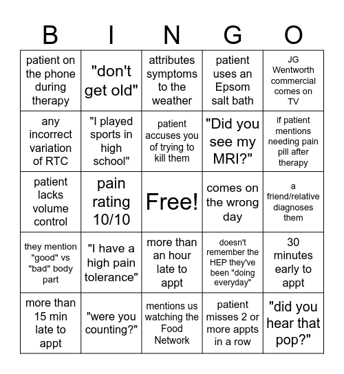 Physical Therapy Bingo Card