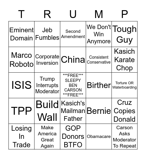 South Carolina GOP Debate Bingo Card