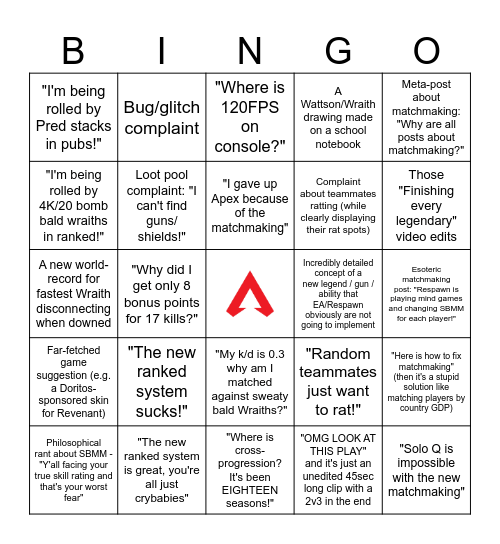 The r/ApexLegends Bingo, S18 Edition Bingo Card