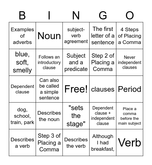 Clauses and Sentence Types Bingo Card