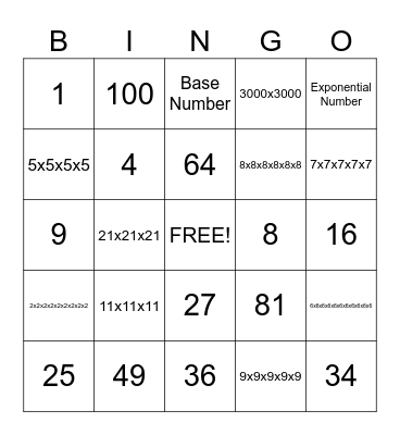 Exponent Bingo Card