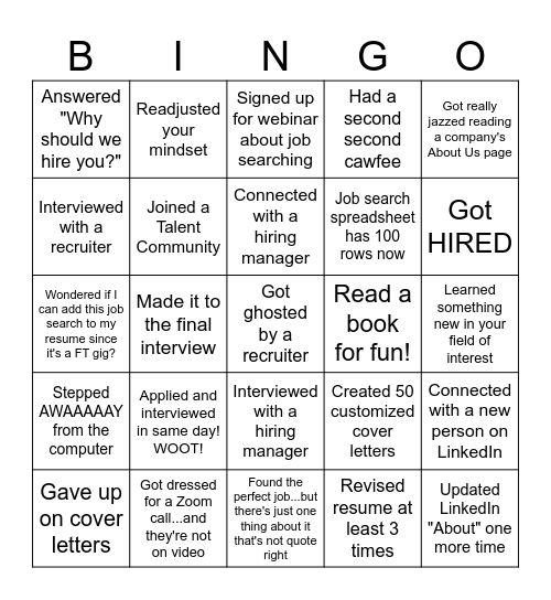 Job Search BINGO Card Bingo Card