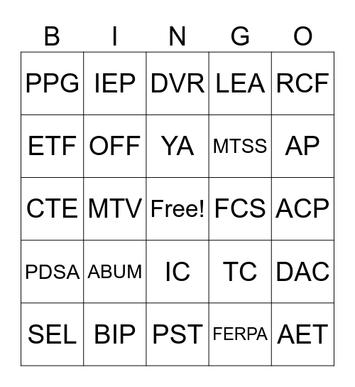 Acronym Bingo Card
