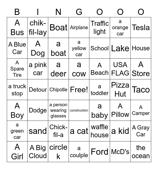 Road Trip Bingo Card