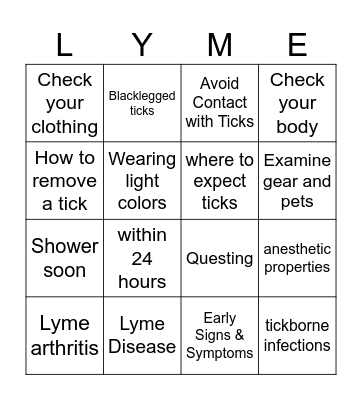 Tick Bite Bingo Card