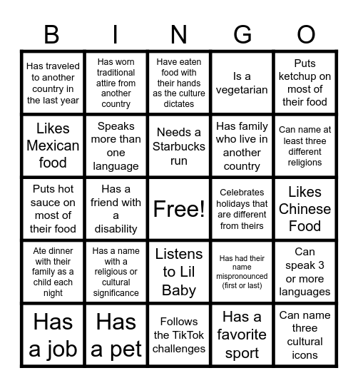 Cultural Diversity Bingo Card