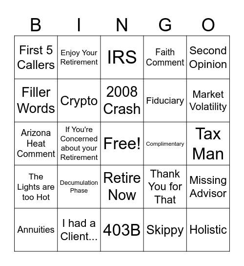 Retirement Bingo Card