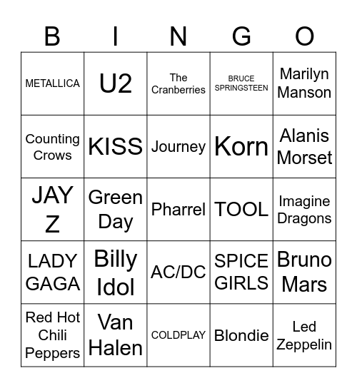 ERIC'S Rock N' Roll BINGO LINGO Bingo Card