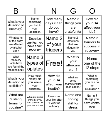 Recovery Bingo! Bingo Card