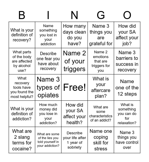 Recovery Bingo! Bingo Card