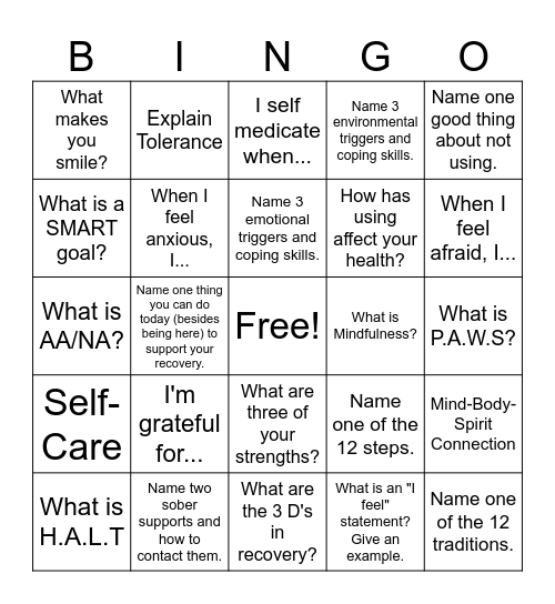 Recovery Bingo Card