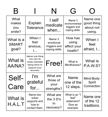 Recovery Bingo Card