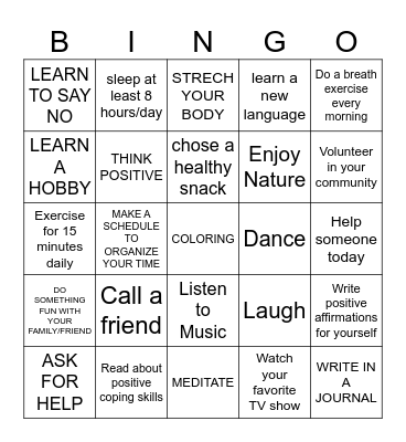 POSITIVE COPING SKILLS Bingo Card