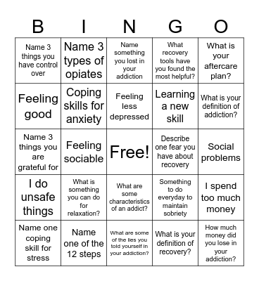 Recovery Bingo! Bingo Card