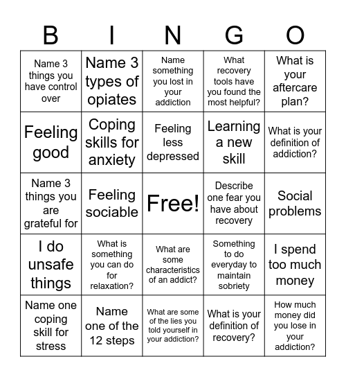 Recovery Bingo! Bingo Card
