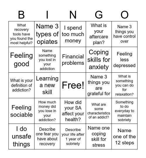 Recovery Bingo! Bingo Card