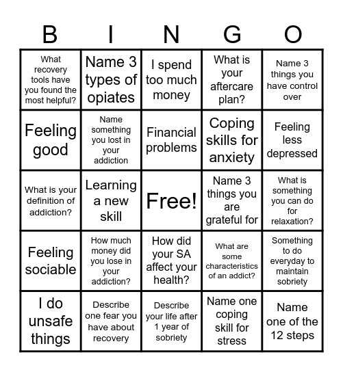 Recovery Bingo! Bingo Card