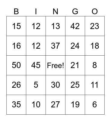 Number Bingo! Bingo Card