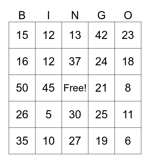 Number Bingo! Bingo Card