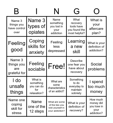 Recovery Bingo! Bingo Card