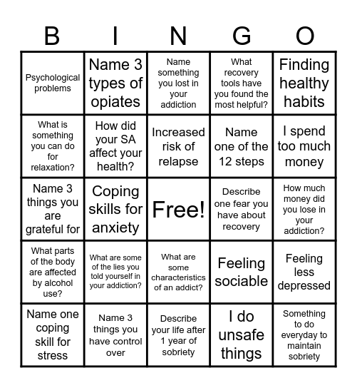 Recovery Bingo! Bingo Card