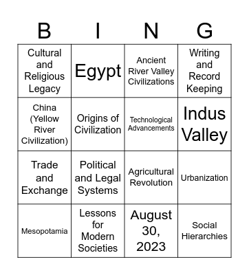 Ancient River Valley Civilizations Bingo Card