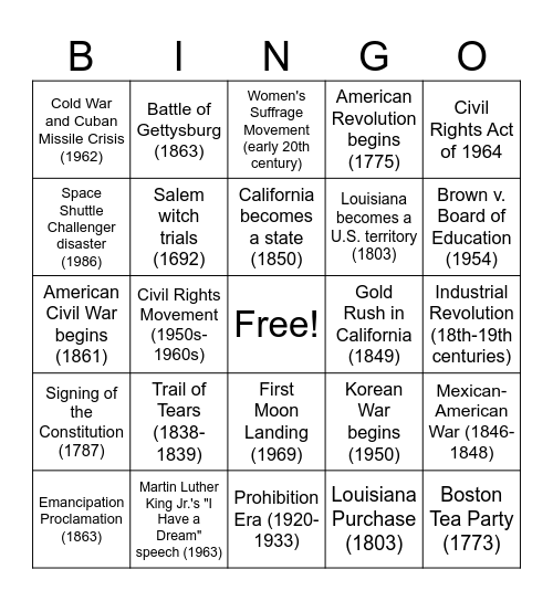 Historical Event Bingo Card