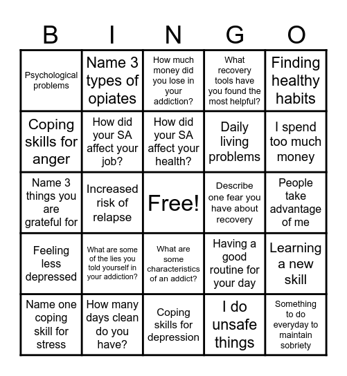 Recovery Bingo! Bingo Card