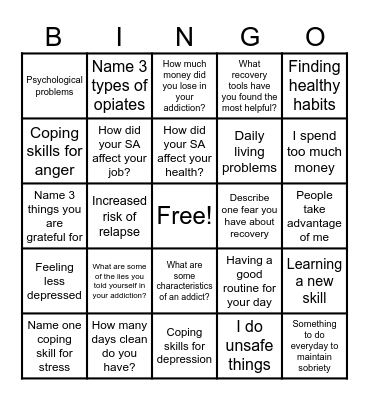 Recovery Bingo! Bingo Card