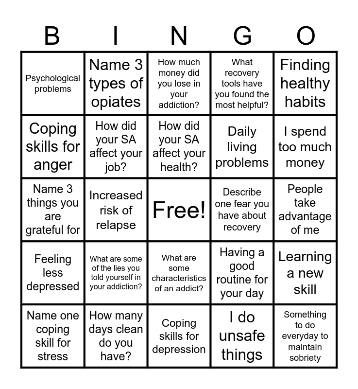 Recovery Bingo! Bingo Card