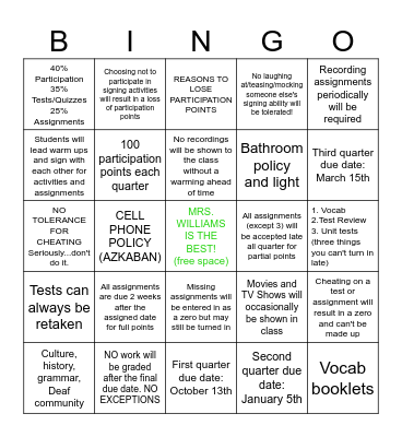 ASL CLASS DISCLOSURE Bingo Card