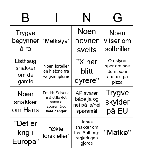 Partilederdebatt Bingo Card