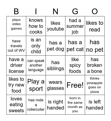 Get to know others Bingo Card