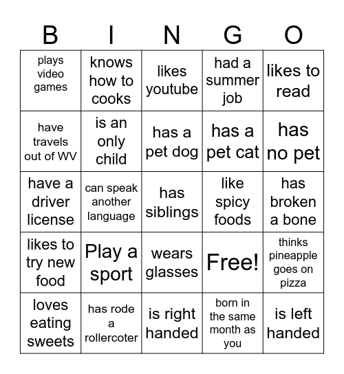 Get to know others Bingo Card