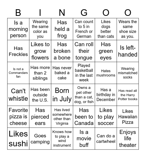 Getting to Know You Bingo Card