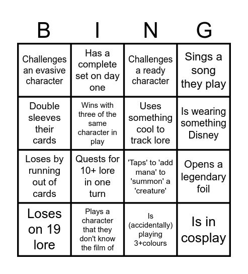 Lorcana Release Bingo Card