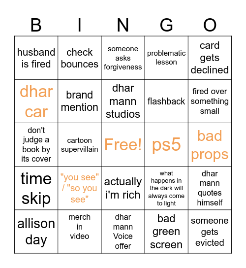 Dhar Mann Bingo Card