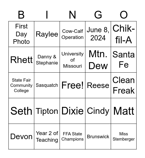 Meet Miss Stemberger Bingo Card