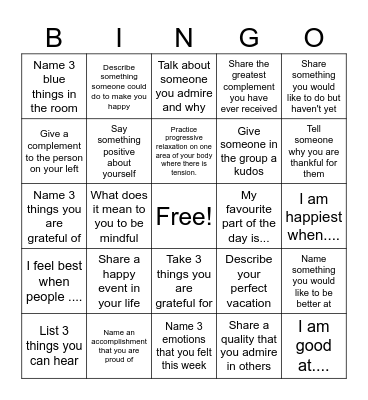 Mindfulness Bingo Card