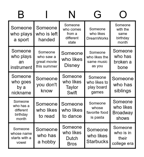 Speed Friending Bingo Card