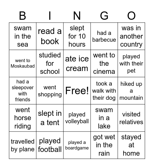 Find someone who ..... in their holidays. Bingo Card