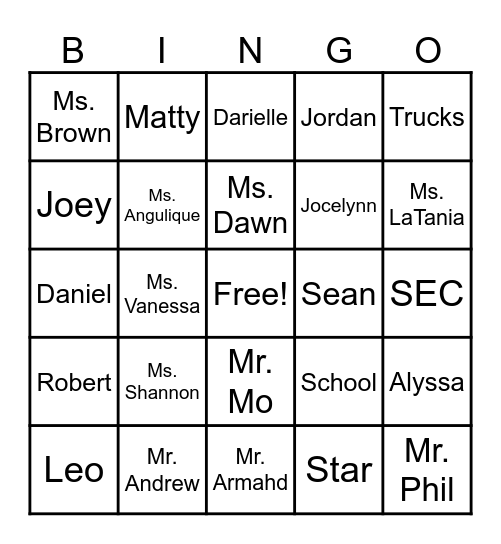 SEC Classroom 2 Bingo Card