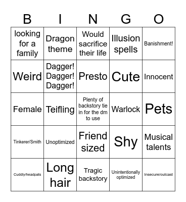 my characters Bingo Card