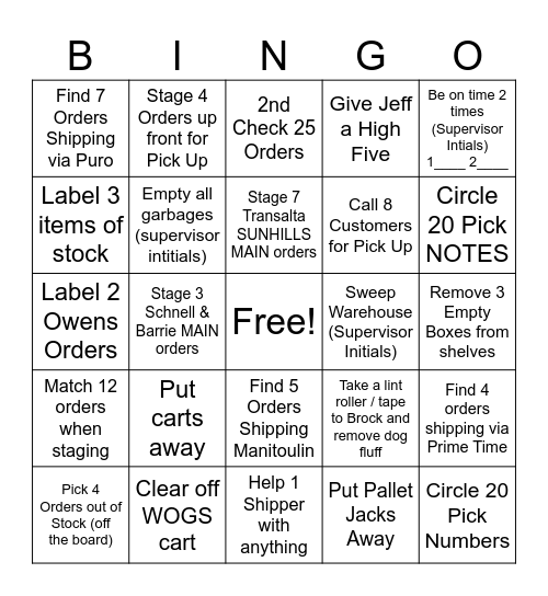 Shipping Bingo Card