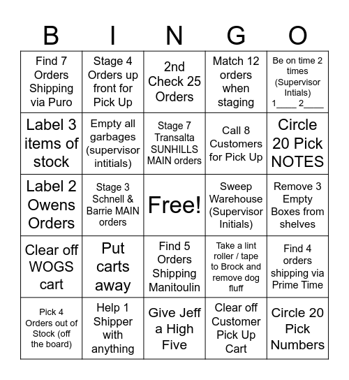 Shipping Bingo Card