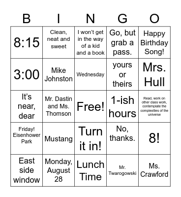 Back To School Bingo Card