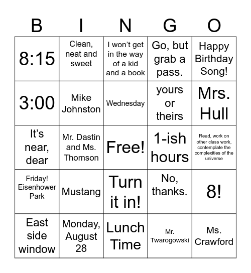 Back To School Bingo Card